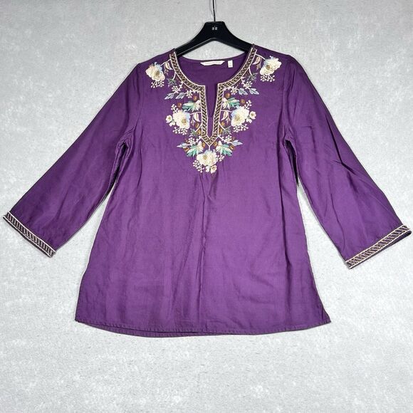 Soft Surroundings Top S Purple Tunic Embroidered Floral Metallic Beaded Boho - Picture 1 of 13